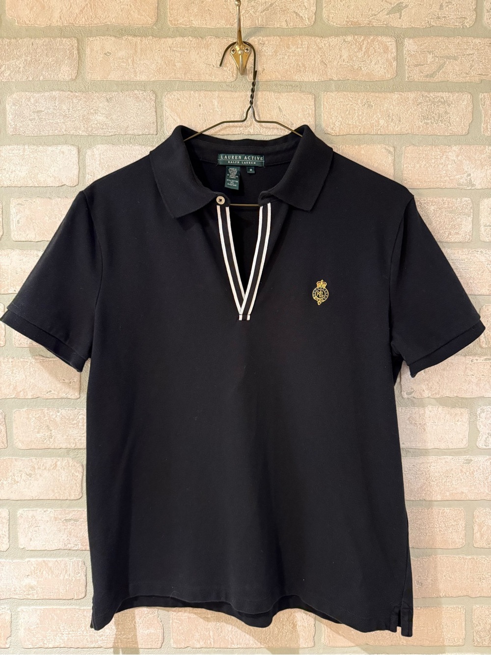 Ralph Lauren Lauren Active Black Short Sleeve Polo Crest Gold Embroidered Medium